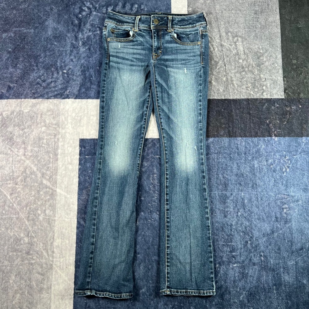 American Eagle Kick Boot Stretch Blue Jeans Women 0 Regular Distressed Denim